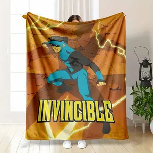 Invincible Superhero Flannel Blanket Dynamic Comic Style Lightning Print Ultra Soft Warm Cozy Lightweight Durable Texture Perfect for Sofa Bed Office Travel Movie Nights Holiday Gifts