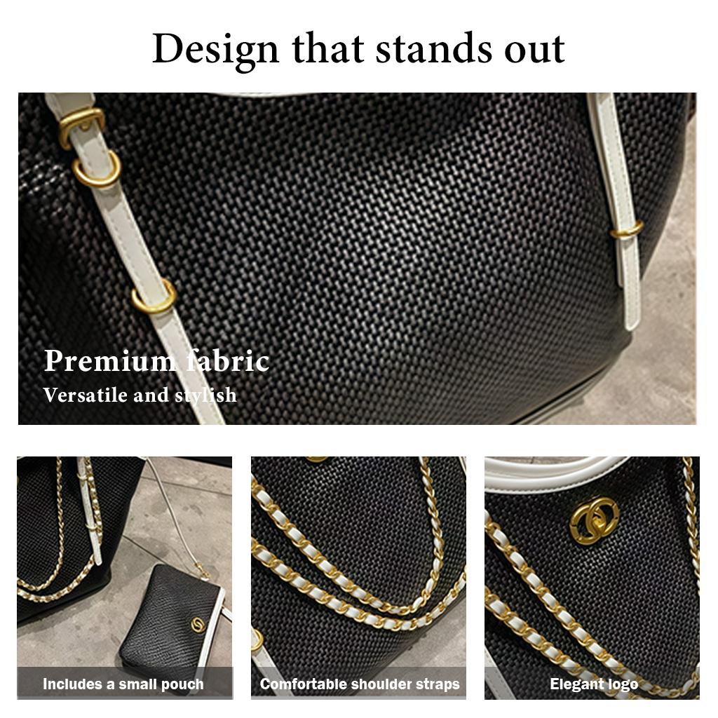 Women's Woven Straw Tote, Black Trim Quilted Design, Perfect Summer Purse, Elegant Chain Handbag, Spring Summer