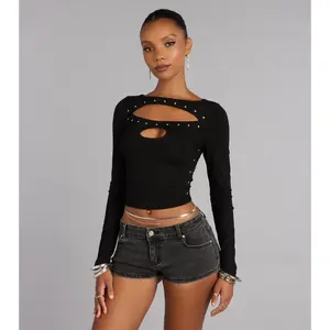 All Eyes On You Studded Cutout Long Sleeve Top