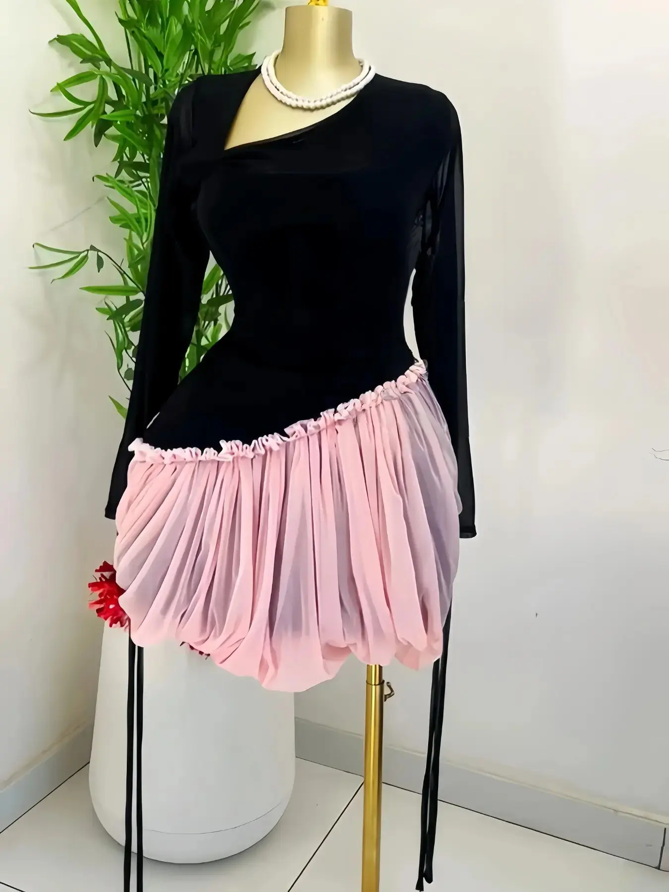 PULKRITU Mesh Ball Gown Pleated Asymmetrical Neck,Women Masquerade Mini Dress, Female Street Holiday Vacation Long Sleeve Prom Dress, Formal Wear, Asymmetrical Design Dress, Evening event clothing, Evening Dresses