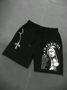 Dark Aesthetic Religious Print Fitted Casual Athleisure Shorts | Men's Durable Poly-Blend Structured Athletic Shorts | Bold Cross & Portrait Graphic Streetwear for Skate & Club | 2026 Trendy Hypebeast Fashion Summer Essentials