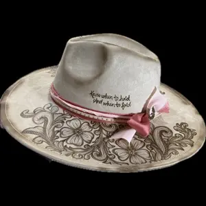 Burned Wide Brim Hat with Floral Tooled Design