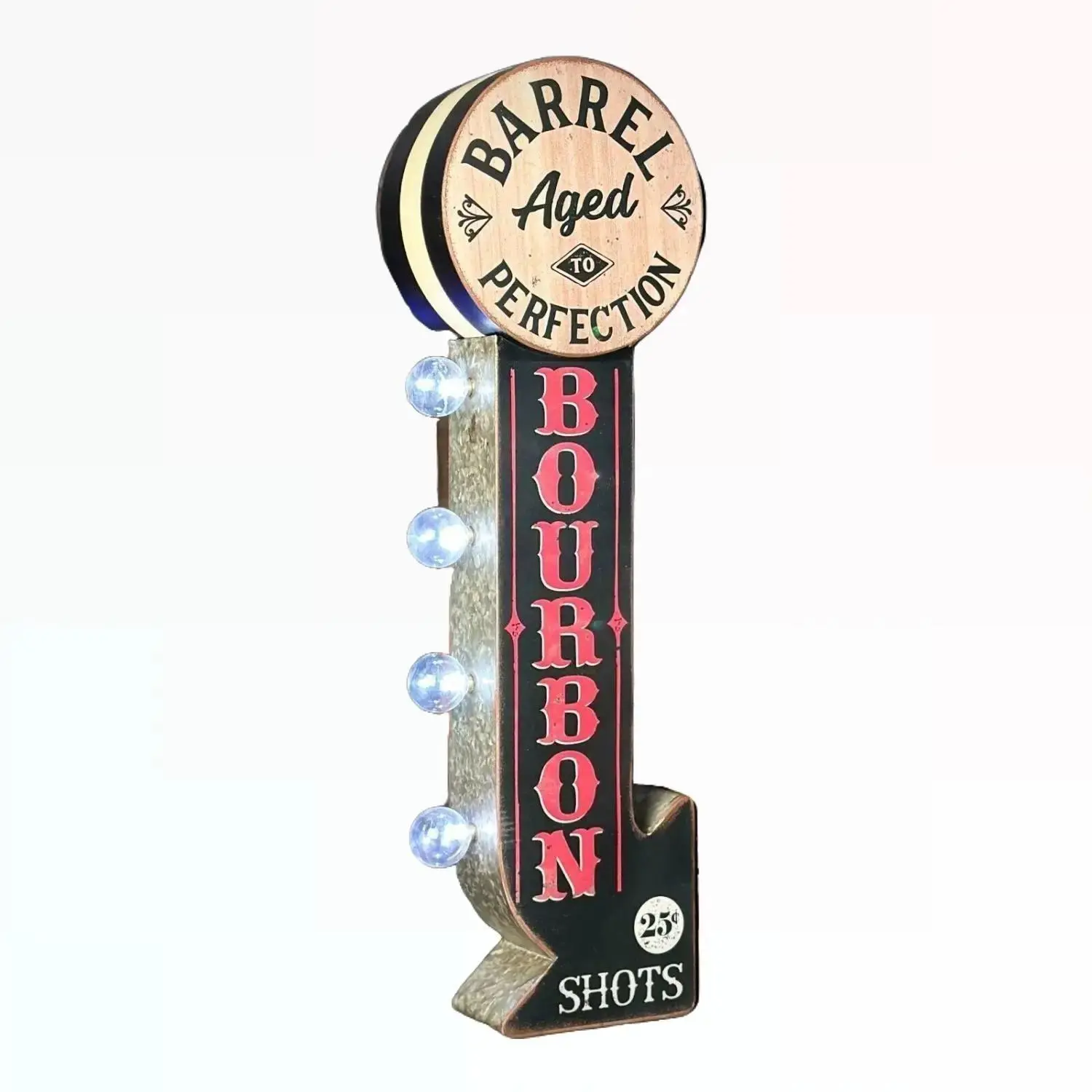 25" Bourbon Whiskey Barrel Aged Double-Sided Off-The-Wall Antique LED Light Sign, Vintage-Inspired Retro Home Decoration Plaque, Ideal for Vintage Garage Signs