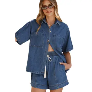 Sidefeel Women's Summer Denim Two-Piece Set Short-Sleeve Button-Down Shirt and Elastic Waist Shorts Casual Outfit