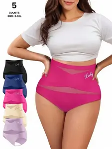 Women's High-Waist Panties,Lucky Letter Logo,Cross-Mesh Panel Underwear,Ultra Soft Comfort Fit Briefs - Womenswear SpringStatements