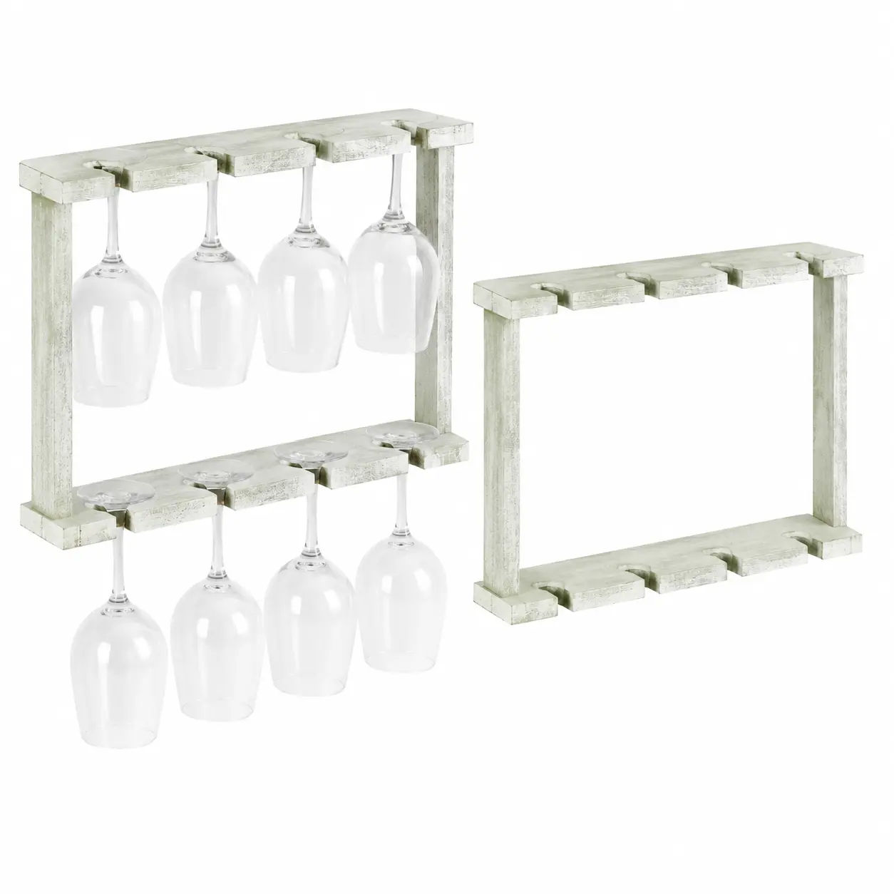 2-Pack Wall Mounted Wine Glass Rack, Wall Hanging Stemware Holder, Use Together or Separately, Space-Saving Wine Glass Display & Storage Rack for Kitchen, Home Bar, Restaurant, Cellar, Rustic Green White