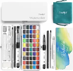 [JusArt] 50 Colors Watercolor Paint Set,Art Supplies with Metallic Color, Detail Painting Brushes, Water Brush Pens, Portable Travel Watercolor Painting Kit for Artists, Professionals