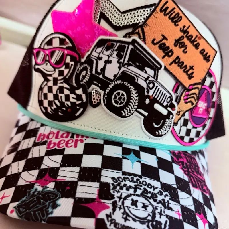 Jeep Parts Themed Checkerboard Hat - Funny, Colorful Embroidered, Decorative Embellishment, Adjustable Size, Checkered Pattern with Pink Accents for Fun Style, Funny Hats, Colorful Embroidered Hats