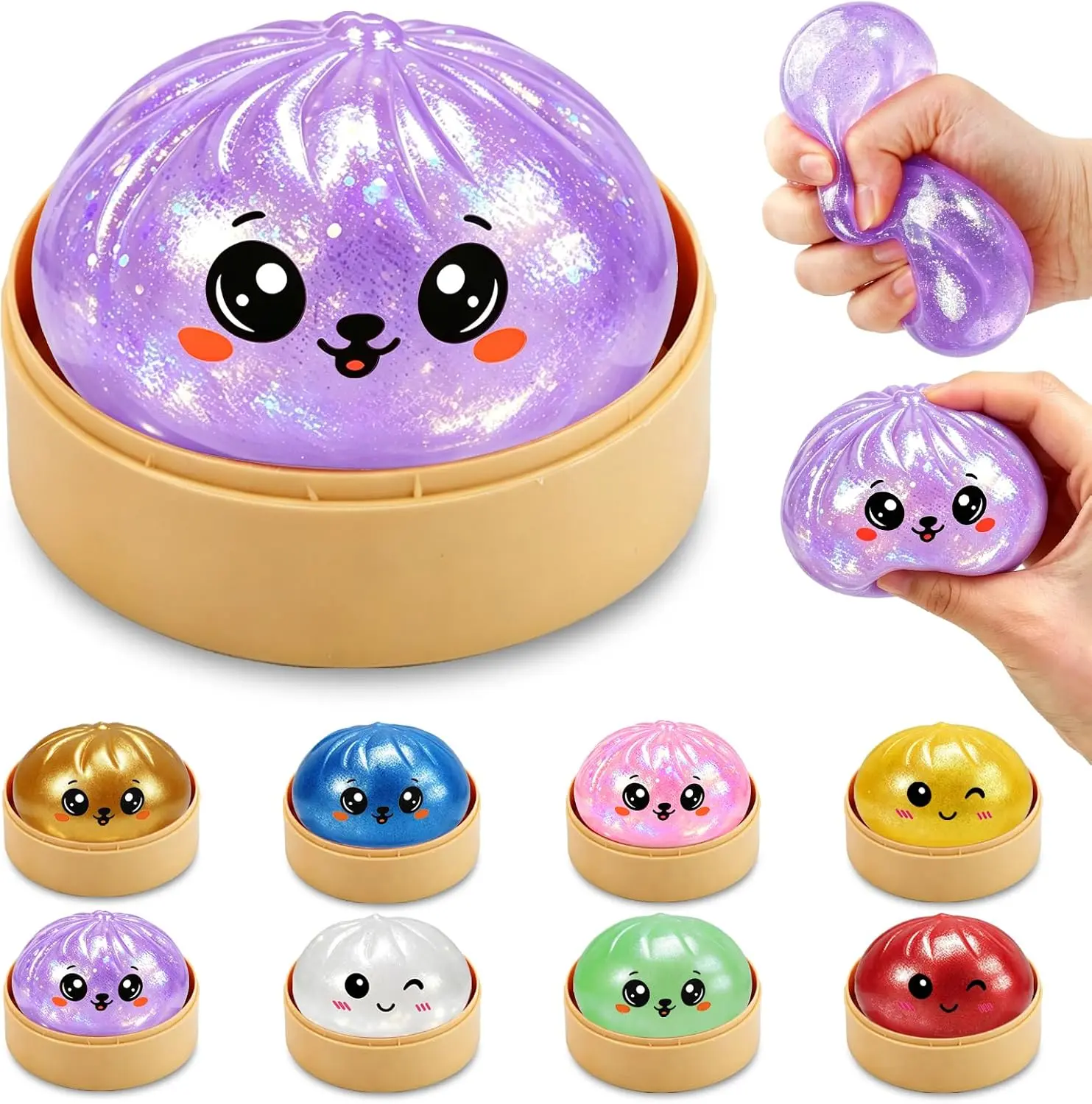 Purple Dumpling Squishy Glitter, Dumpling Style Stress Balls for Adults and Kids, Cute Steamer Basket Design with Squeezable Bun Stress Relief Fidget Toys (Purple Glitter 1 PC)