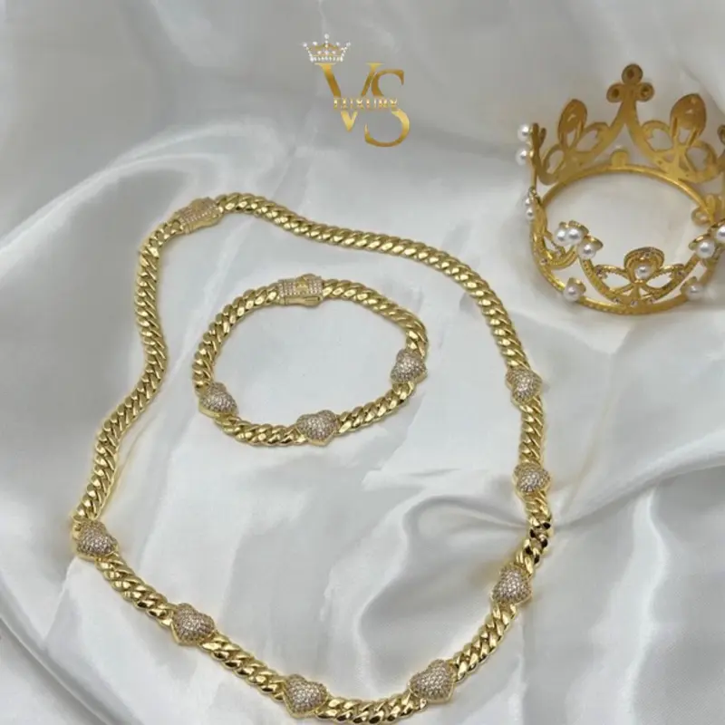 Valdes Luxury Cuban Link Necklace and Bracelet Set with Zirconia Heart Details 14K Gold Plated High Quality Everyday Jewelry