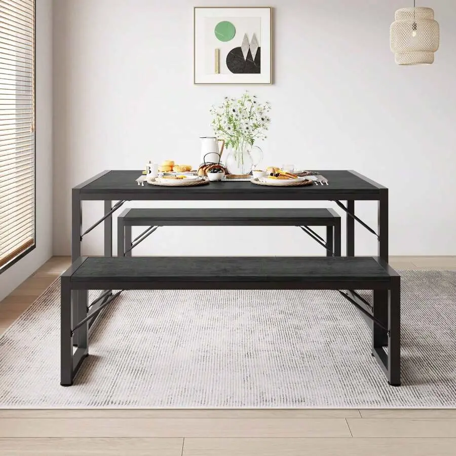 45.5" Dining Table  For 4, Kitchen Table  With 2 Benches,Christmas Gift And New Year Gift, Dining Room Table  With Metal Frame & MDF Board, Space-Saving Dinette