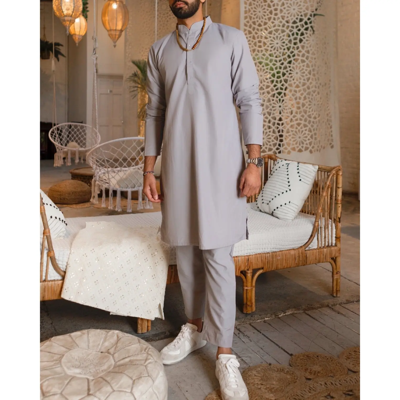Sai Kurta Set - Light Gray Silk Cotton Kurta with Button Closure & Tapered Pants, Pairs Perfectly with Sai Vest
