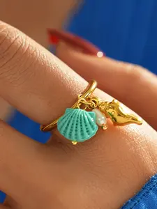 18K Gold Plated Ocean-Inspired Adjustable Ring for Women, Shell Pendant Finger Ring, INS Minimalist Luxury Jewelry, Perfect for Summer Beach Style