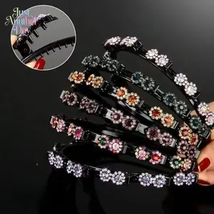 Rhinestone Flower Hairband with Non-Slip Teeth, Bangs & Flyaways Fixing Tool, Stylish Braiding Headband for Women