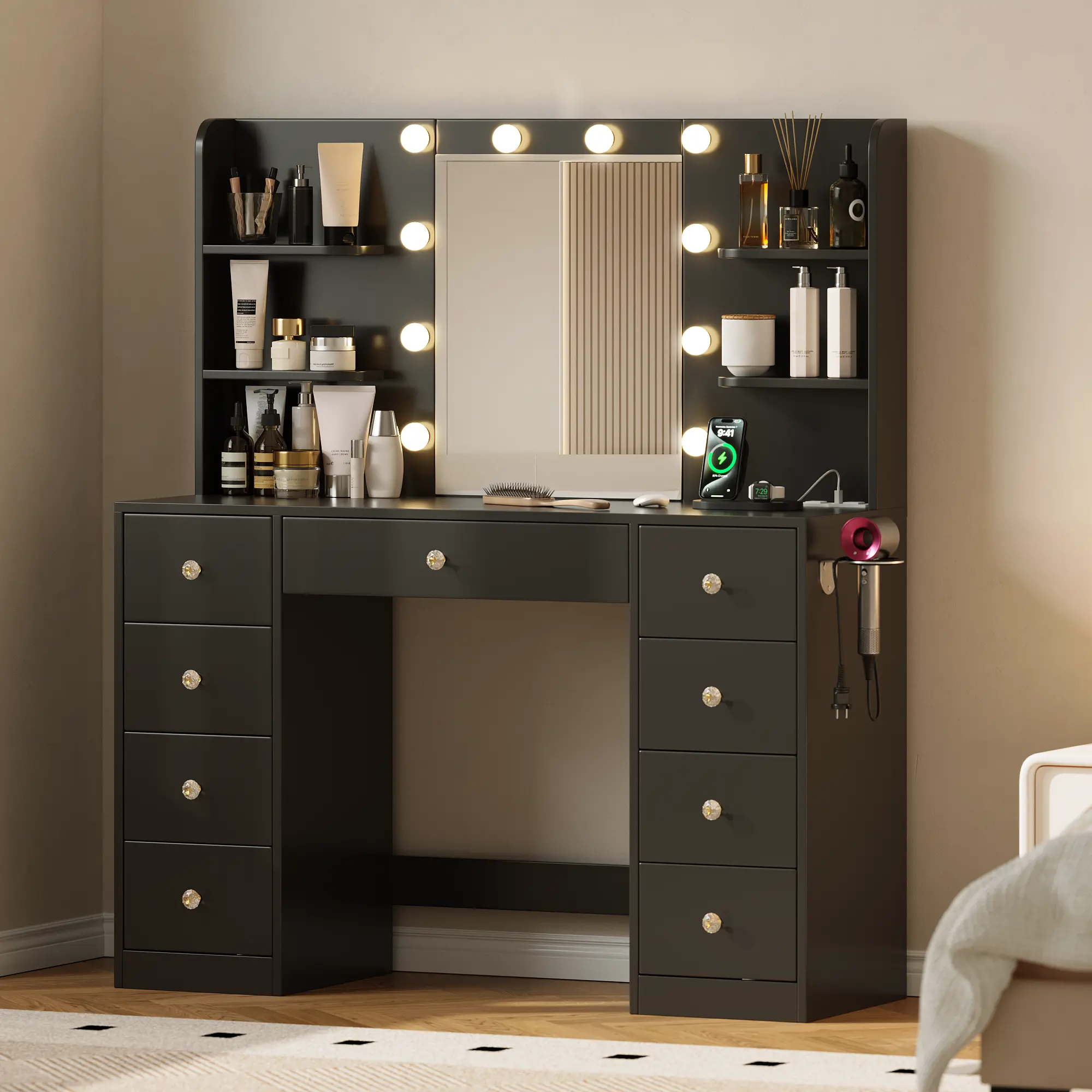 brown black dressing table Makeup Vanity Desk with Mirror 3-Color LED Lights and Charging Station-White