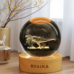 3D Dinosaur Crystal Ball Lamp with Adjustable Brightness LED Wooden Base Night Light for Kids Teens Adults Birthday Gift Home Desk Office Bedroom Decor 6cm Ultra-Clear Optical Crystal 3D Laser Engraving USB Power Interface 10-Brightness Modes