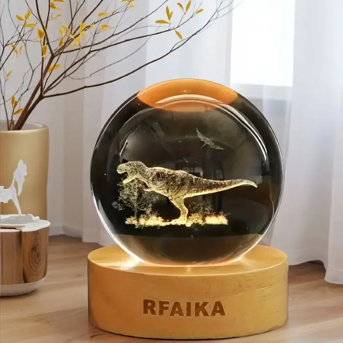 6cm Ultra-Clear Optical 3D Laser-Engraved Dinosaur Crystal Ball Decorative Night Light - Dimmable LED Lighting Wooden Base with 10 Brightness Modes, USB-Powered Museum-Quality Dimensional Artwork, Kids Gift, Home Desk Decor