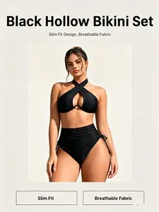 Women's High Waisted Bikini Set, Halter Criss Cross Keyhole Top with Underwire + Ruched Tummy Control Bottom, Black Sexy Swimwear for Beach 2026 plus size swimsuits pool gloves rash guard Backless Crop