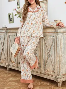 Women's Luxury Elegant Sleepwear Set, Pure Color Ruffled Floral Print, Long Sleeve Cardigan & Straight Leg Pants, Casual Chic Style