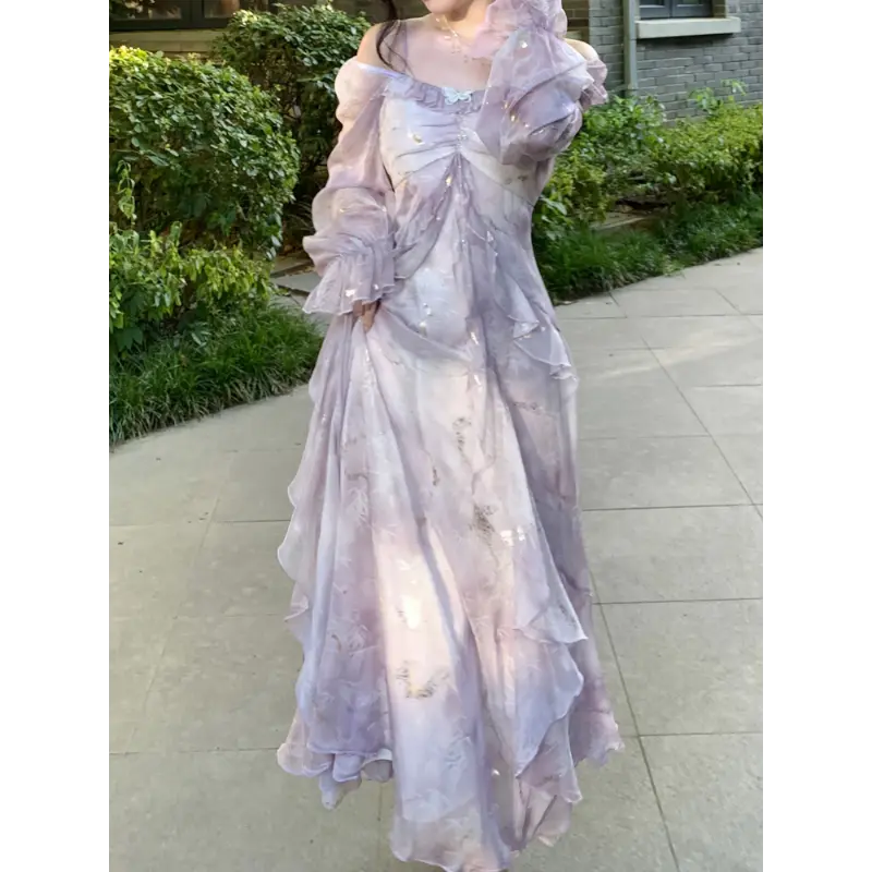 Women's Elegant Butterfly Dress, Off-Shoulder Polyester Formal Gown with Long Sleeves and Ruffled Detail, Regular Fit, Fabric