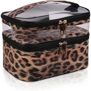 Leopard Print PVC Transparent Dual-Layer Storage Bag, Large Capacity Waterproof Makeup Bag, Portable Cosmetic Organizer Pouch