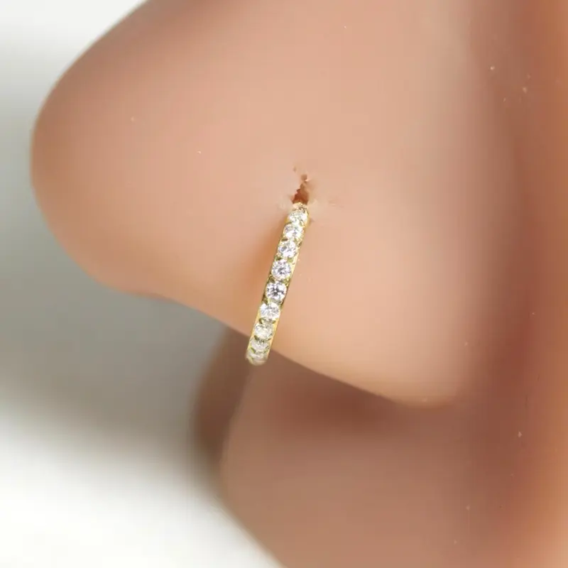 Titanium Gold Nose Ring, Moissanite Diamond Clicker Nose Piercing Ring, 20g, 18g, 16g