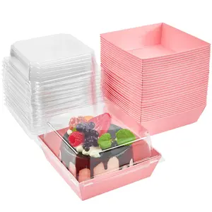 50 Pack Small Charcuterie Boxes with Clear Lids, 4 Inches Paper Bakery Boxes Dessert Boxes Disposable To Go Food Containers for Cookie, Cake Slice, Mini Cake, Chocolate Strawberry