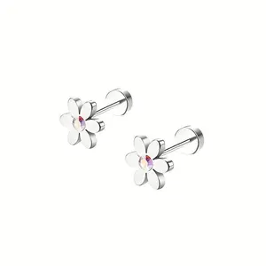 1 Pair of Stainless Steel Cartilage Earrings, Cute Flower CZ Stud  Barbell for Helix, Spiral, Conch, Tragus Piercings,  and Delicate Earrings