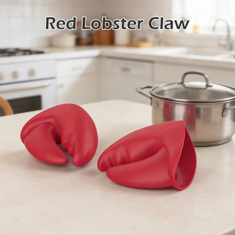 2-Count Red Silicone Heat Resistant Insulated Kitchen Gloves with Collapsible Lobster-Shape Pot Clamps, Thick Pad Gloves for Home, Barbecuing & Flexible Storage Use