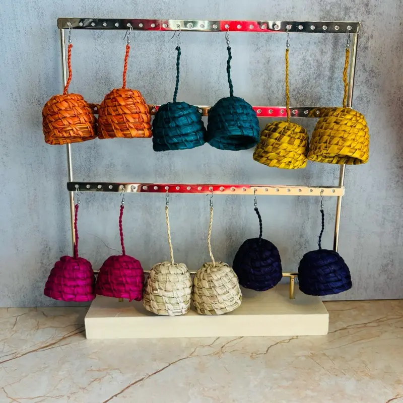 40/ BOCKET SHAPE:  Handmade Raffia Leaves Earrings Naturally Colored Created to Elevate  Fashion Taste and Celebrate Afro Heritage.