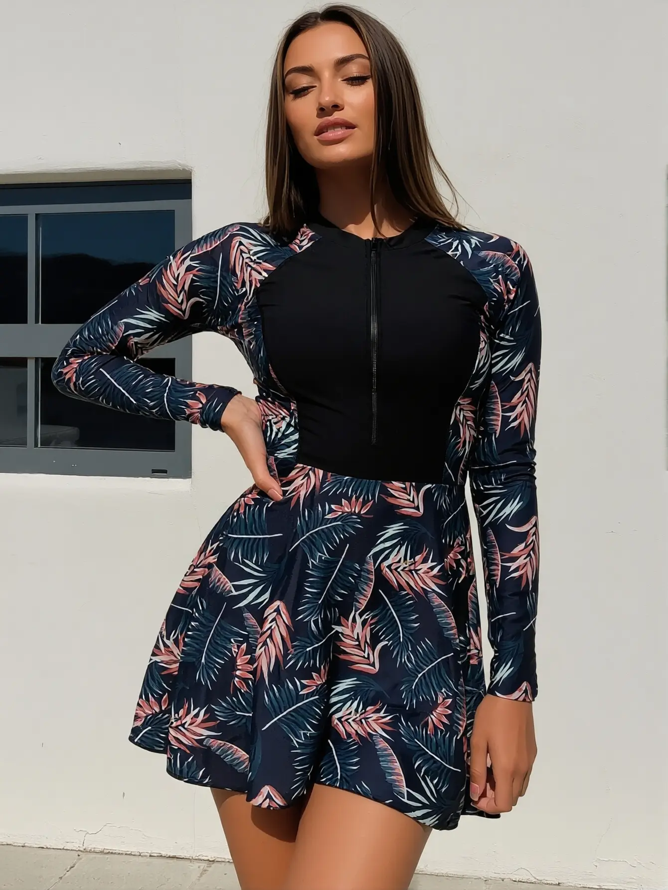 Women's Tropical Print Tankini Swimdress - Long Sleeve Zip-Front UPF 50+ Rash Guard with Built-in Shorts, Stretchy Snorkeling Swimwear, Swimdresses