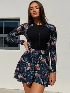 Women Tankini Swimsuit Set Tropical Leaf Print 2 Piece Swimwear Long Sleeve Zip Front Skirt Beachwear Bathing Suit Navy Blue