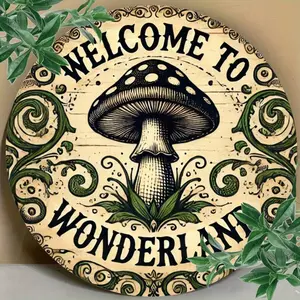 1pc "Welcome To Wonderland" Mushroom Wall Art, Metal Poster, Suitable For Cafe, Kitchen, Club And Home Decor, Perfect Room Decoration Signs Multicolor