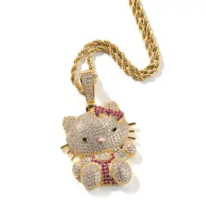 Sanrio Hello Kitty Gold Pendant Braided Chain Necklace with Sparkling Rhinestones and Bow Detail for Casual & Special Occasions