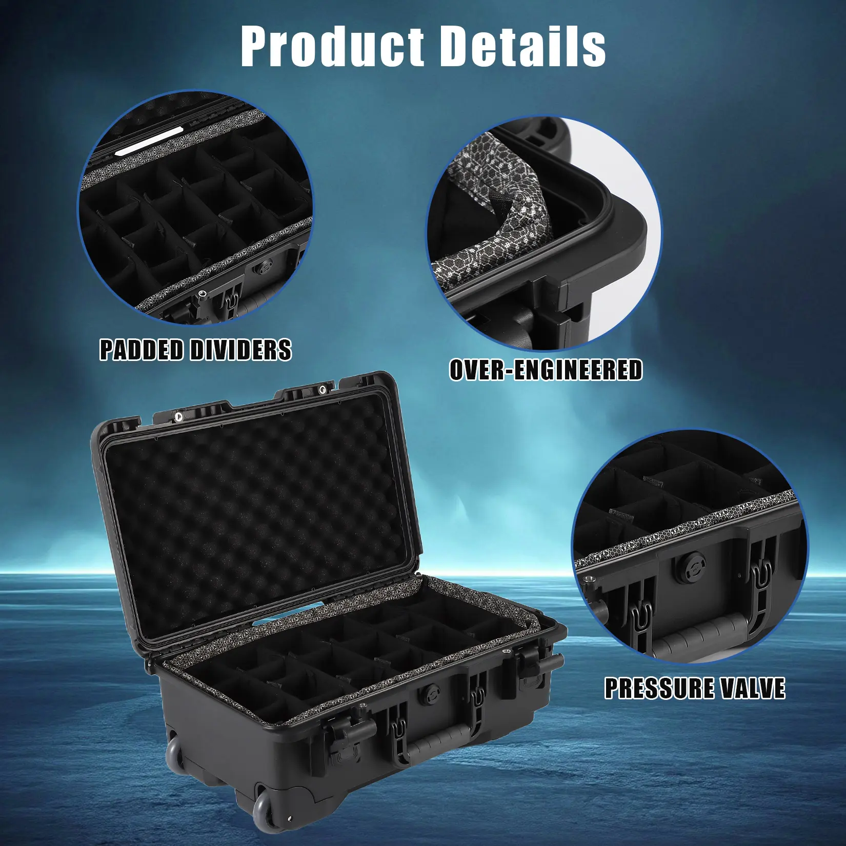 Rugged Watertight Dry Box for Camera Equipment, Dustproof and Shockproof Hard Shell Case with Foam Padding and Rolling Wheels, Perfect for Scuba Diving, Outdoor Sports, and Travel