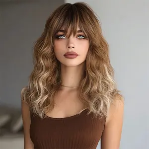 SMILCO/14Inch Ombre Golden Short Wavy with Bangs Synthetic Wig/SM429