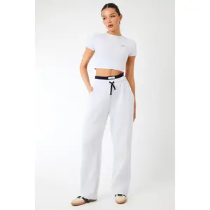 Kaiia Label Logo Exposed Waistband Wide Leg Joggers Light Grey Marl
