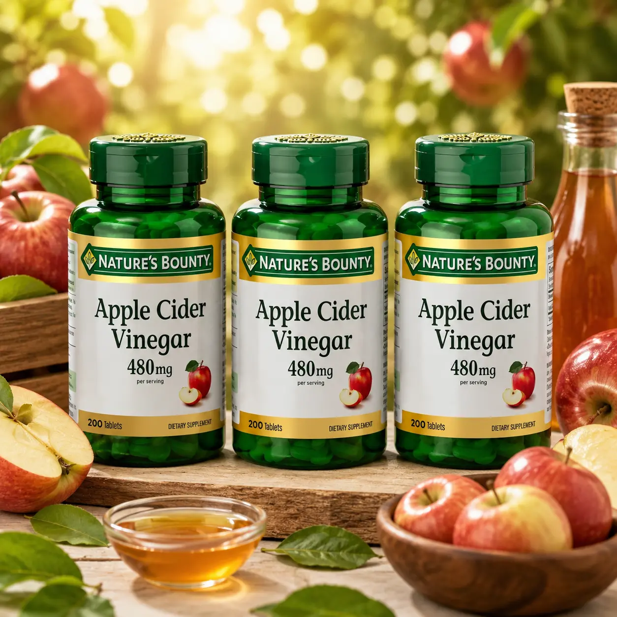 Apple Cider Vinegar 480mg Tablets, Plant Based Vegetarian Supplement for Daily Wellness & Digestive Support, 200 Tablets