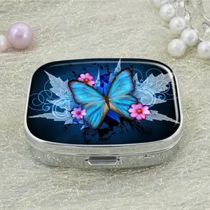 Butterfly Flower Pattern Medicine Box, 2 Grid Pill Organizer, Rectangle Decorative Box, Vitamin Pill Organizer for Pocket Purse and Travel Gifts