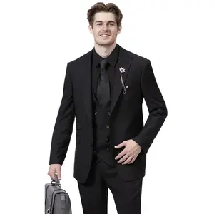 Mens Modern Two Button Vested Peak Lapel Suit with Double Breasted Vest in Black