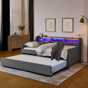 ARCH Twin Size Upholstery Sofa Bed with Three LED lights, with Storage Adjustable Headboard, with Foldable Leg Pull up Trundle Bed and Wireless Charging, Linen Padded Sofa Bed frame, Grey