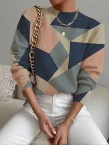 Women's Geometric Colorblock Print Stand Collar Fitted Sweater, Colorblock Pullover, Fall Winter Casual Long Sleeve Knitwear, Comfortable Warm Daily Wear, Womenswear