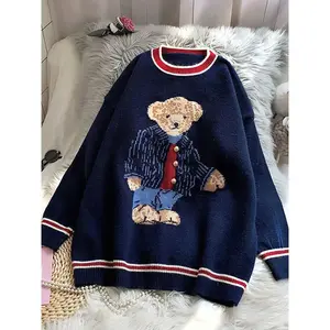 Cartoon Bear Jacquard Sweater, Casual Simple Short Knit Top, Women’s Round Neck Inner Layer, Comfortable and Stylish, Knitwear