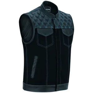 Men's Denim & Leather Motorcycle Vest with CCW Pockets and Blue Stitching