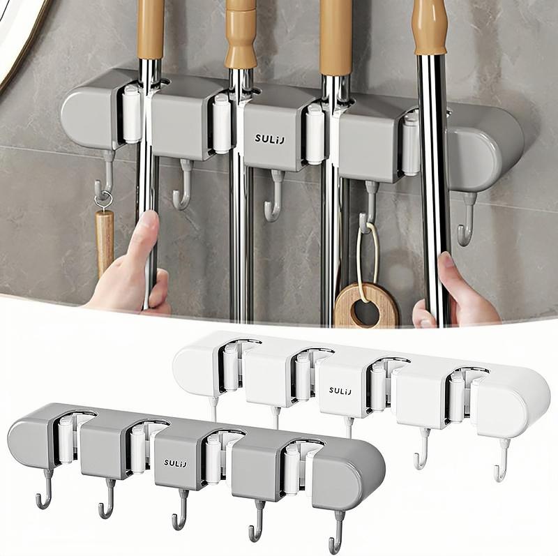 Mop Holder with Hooks, Wall Mounted Broom Holder with 4 Racks and 5 Hooks, Self-Adhesive Organizer for Kitchen, Bathroom, and Closet