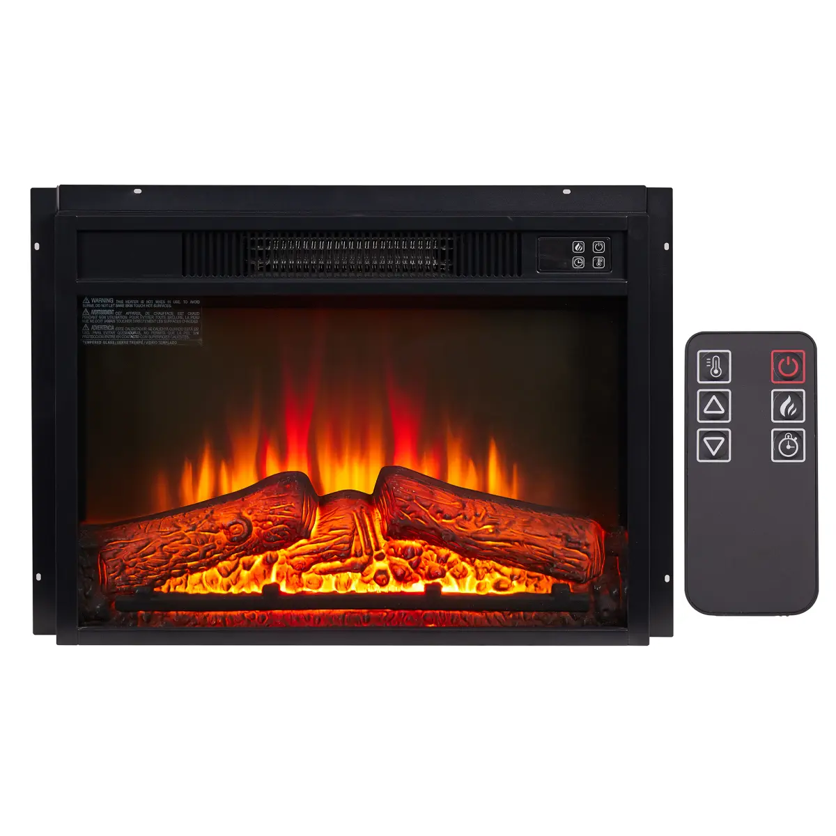 Black Electric Fireplace Insert - 23x5.16x17.1in Luxury Space-Saving Ultra-Thin Heater, 1400W 120V 1400w Heat, Classic Log Set, Realistic Flame, Brick Look, Glass Panel, Remote Control & Touch Function for Modern Home Decor, Remote On/Off