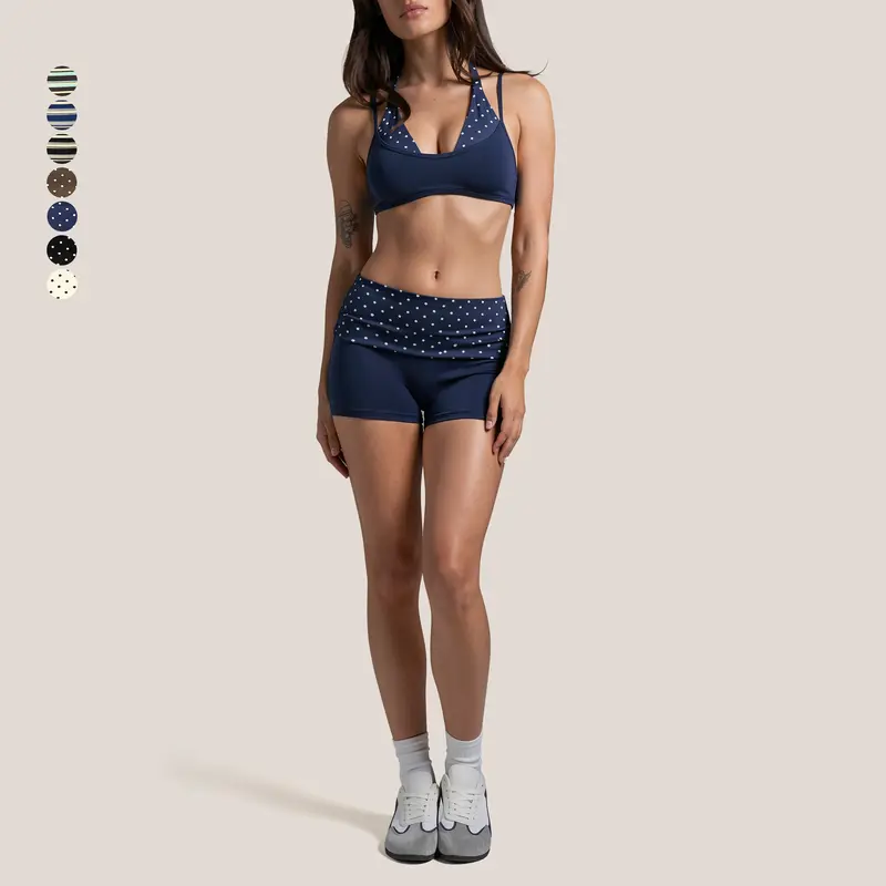 GIAFIRE Women's 2-Piece Casual Yoga Outfit Ultra-stretchy, breathable and soft activewear, matched with halter spliced striped/polka dot sports bra and high-waisted hip-lifting shorts. Suitable for Pilates, gym training and daily wear.