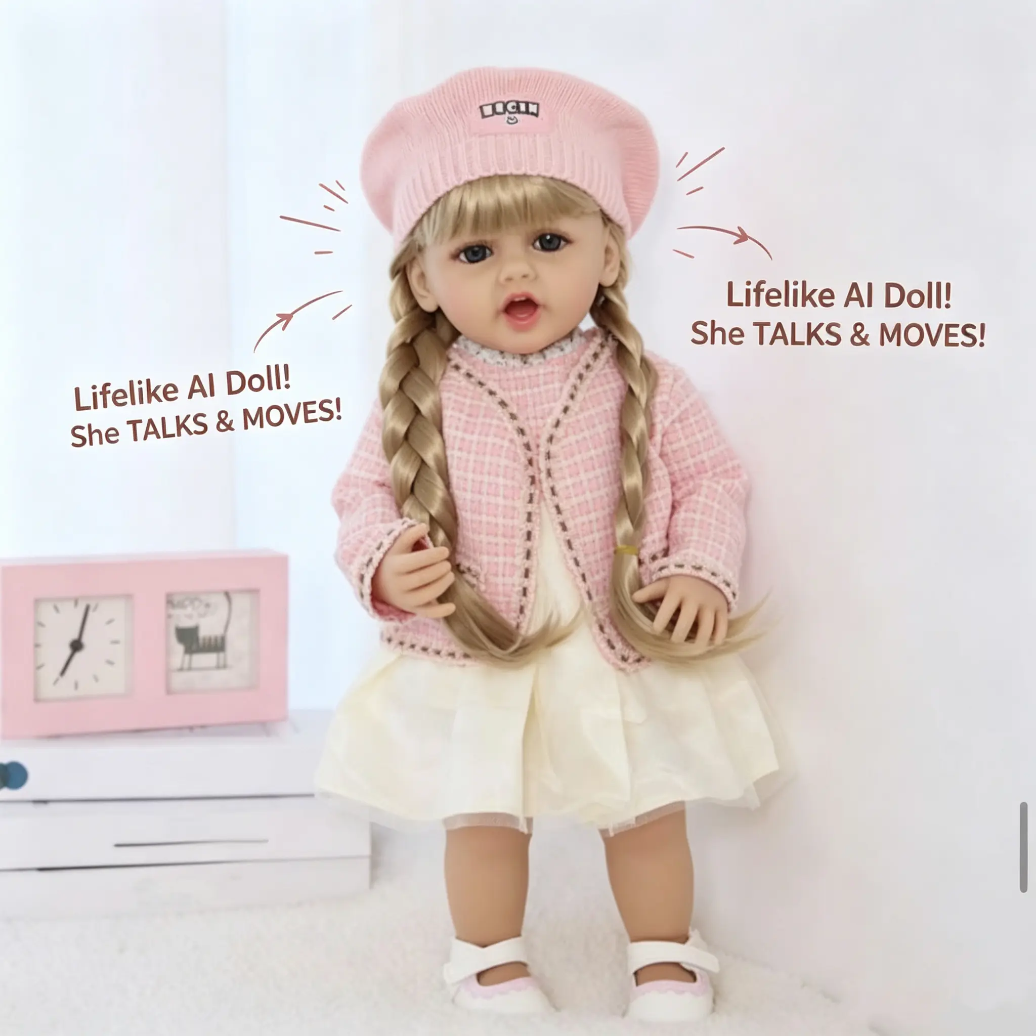 22in Full Body Silicone Realistic Soft Dolls - Reborn Conversational Girl Doll Alice, Movable Head & Mouth, 2 Golden Braids, 1 Cute Dress Set, Kids’ Birthday Gift, Home & Bedtime Companion