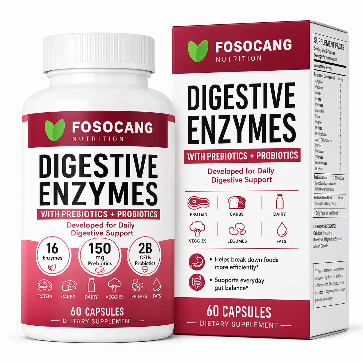 FoSoCang Digestive Enzymes - Bloating & Mealtime Discomfort Support with Probiotics + Prebiotics for Digestion & Gut Health / Healthcare,Dietary,Fitness,Supplement,Edible,Organic,Bathroom,Capsules,Vitamins