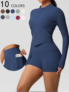 Women's Solid Zip Up Crop Jacket & High Waist Shorts Tracksuit Set, Sporty Breathable Quick Drying for Yoga Gym Workout Running, Ladies Sportswear Gym Workout Clothes for All Seasons, All Season Activewear, Athletic Sportswear